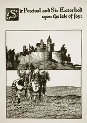 Sir Percival und Sir Ector betrachten die Insel der Freude, Illustration aus 